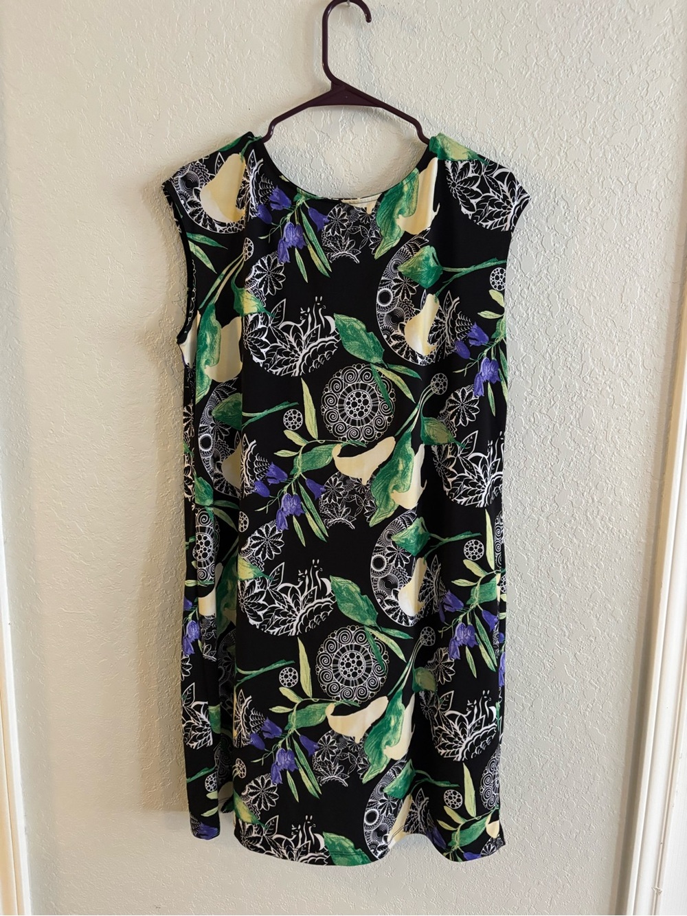 Black Floral Shift Dress with Green & Cream Leaves